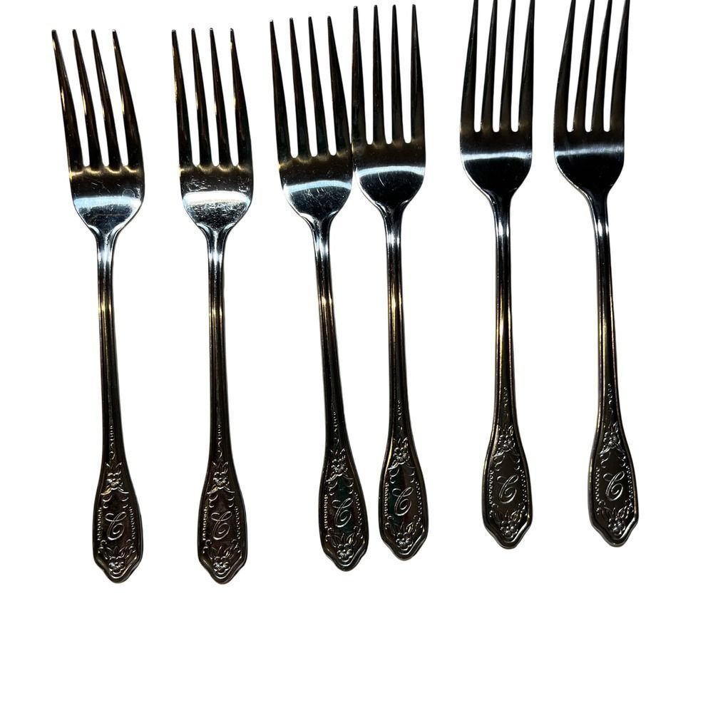 Set of 6 CUSTOM CRAFT Silver Tone Ornate Dinner Forks Elegant Tableware Kitchen